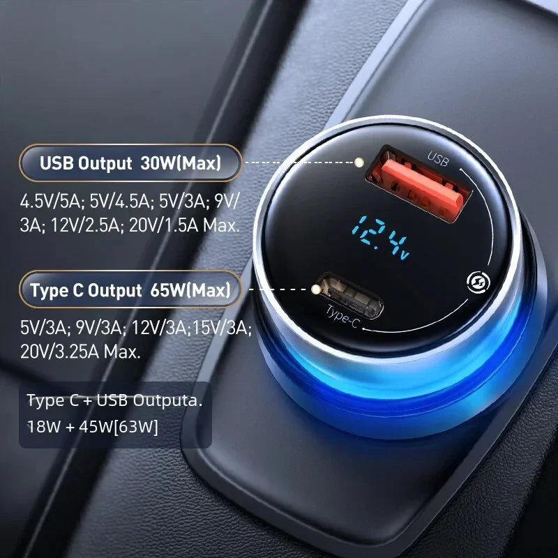 Baseus 65W PD Car Charger QC 4.0 QC 3.0 LED Display Type-C F