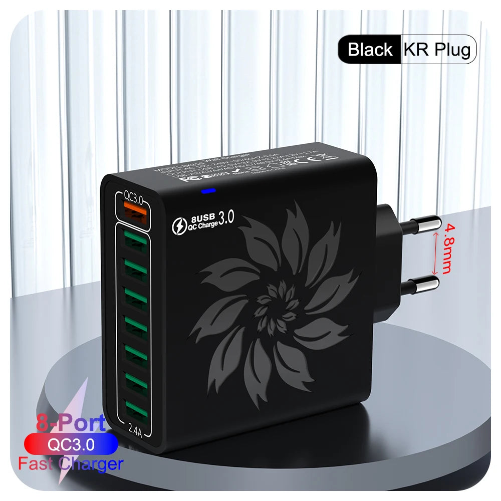8 in 1 USB QC 5.0 Charger Fast Charging EU/US/KR Plug 65W Quick Charge Power Adapter For iPhone 15 Xiaomi Samsung Travel Charger