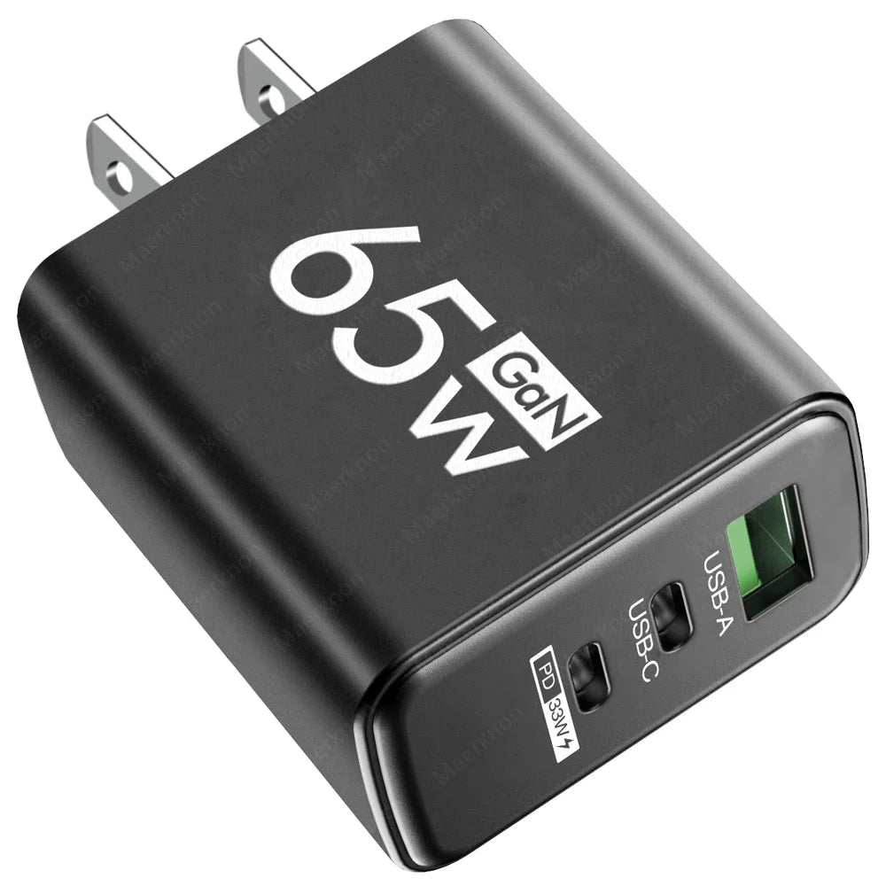 65W 3 Ports USB GaN Charger QC3.0 PD Type Fast Charging EU/US Plug Wall Charger For iPhone Samsung Xiaomi Huawei Phone Charger