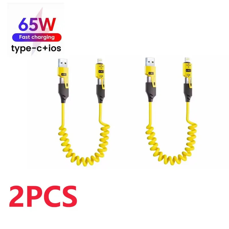 2PCS 4 in 1 65W Spring Short Data Cable 6A USB Type C Spring