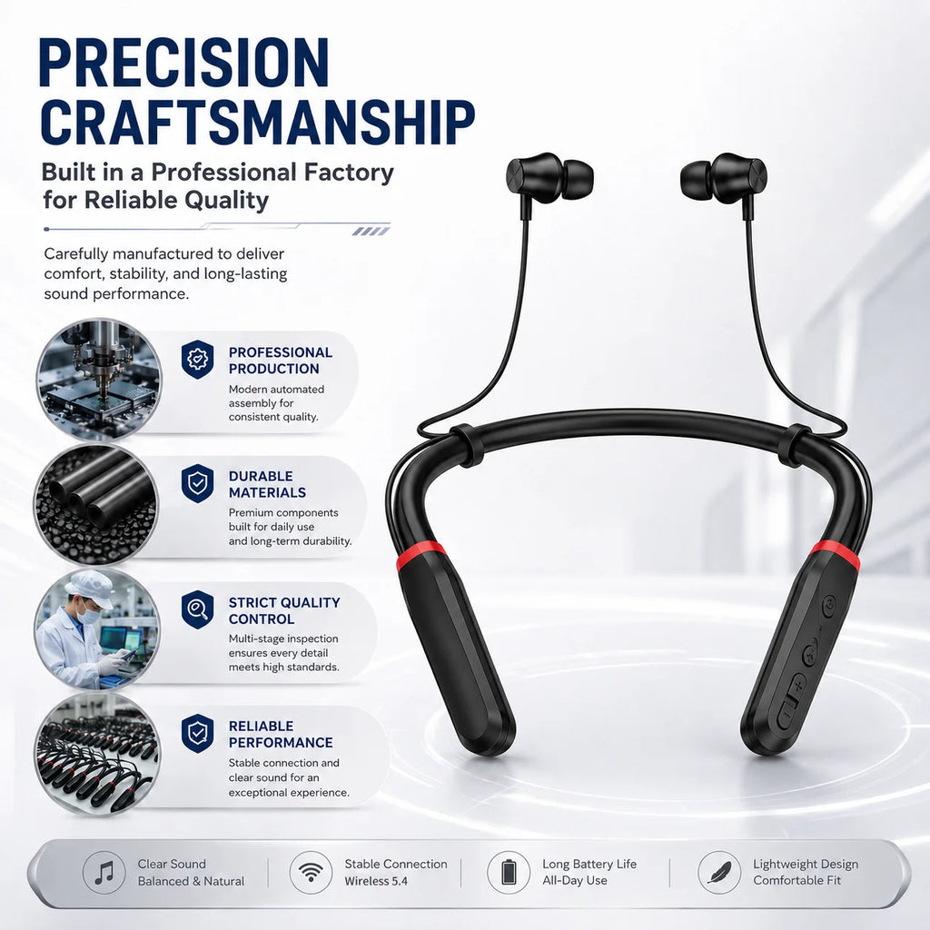 Bluetooth 5.4 Neckband Wireless Earbuds with Mic 100H Standb