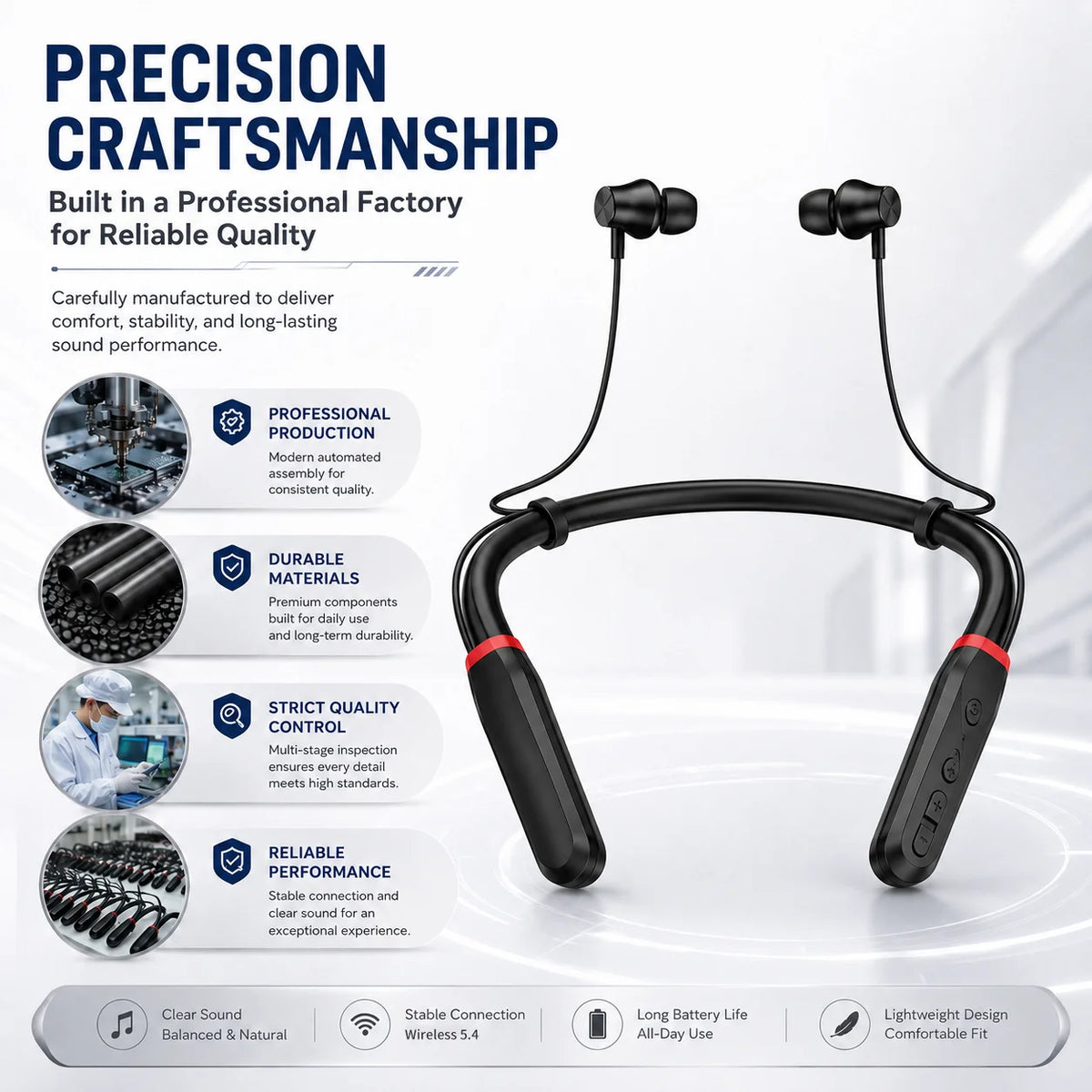 Bluetooth 5.4 Neckband Wireless Earbuds with Mic 100H Standb