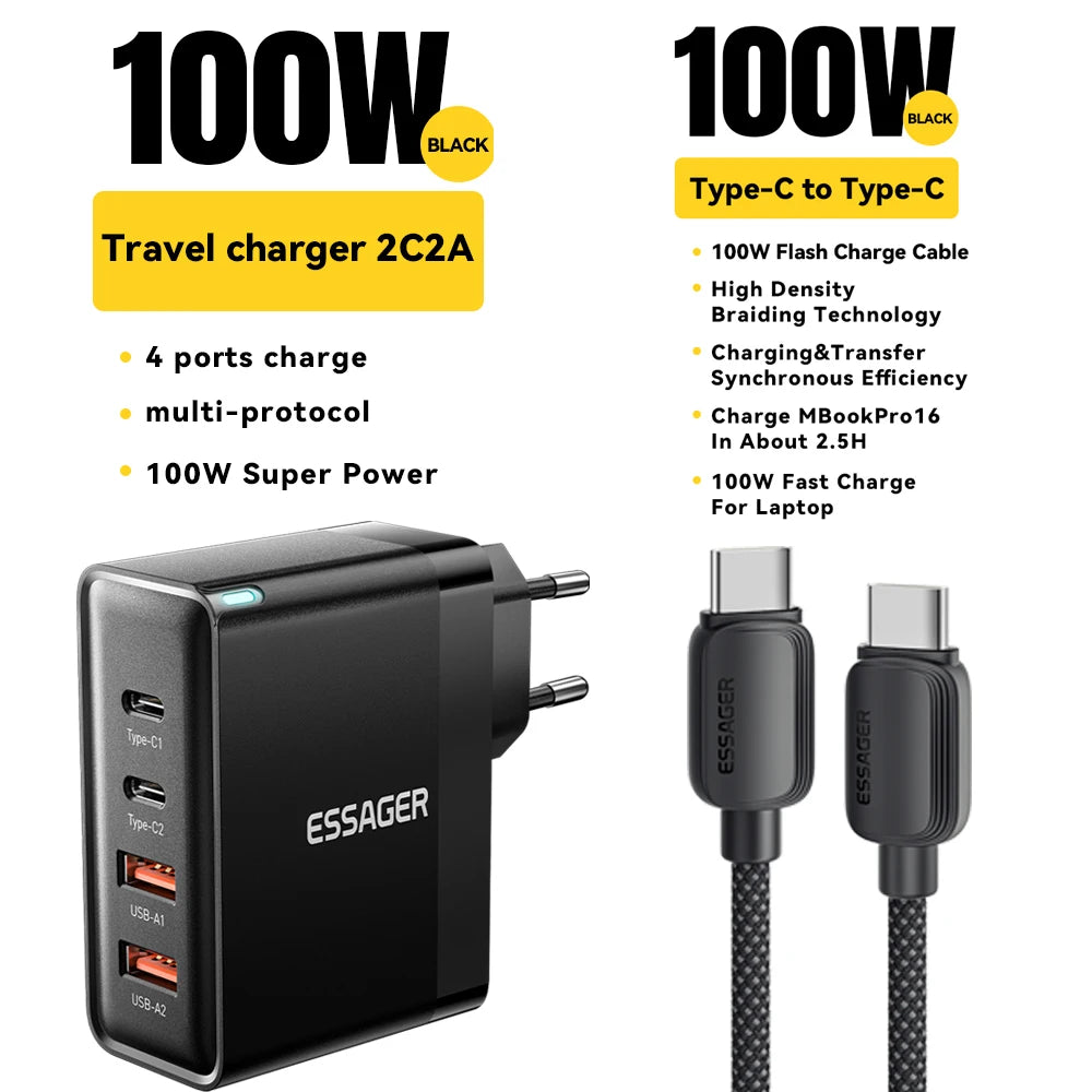 Essager 100W USB Type C Charger 65W PD Quick Charge4.0 3.0 Type-C Fast Charging For iPhone 16 15 14 13 Pro Xiaomi Macbook Laptop