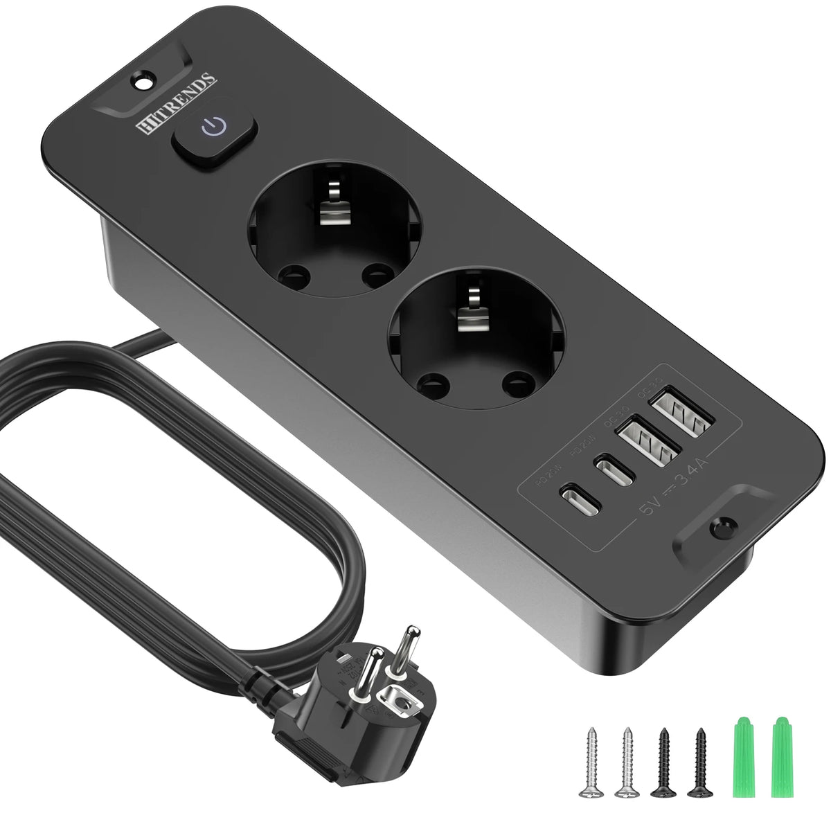 EU Plug Desktop Built-in Power Board 2/3 AC Power Socket 2 USB2 Type-C Charging Adapter Port 2M Extension Cable White Black