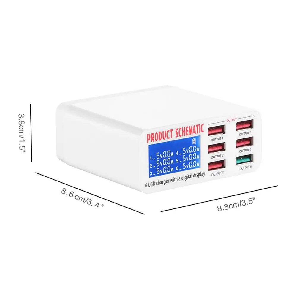 8A QC3.0 USB Charger with LCD Display 6 Ports Desktop Mobile