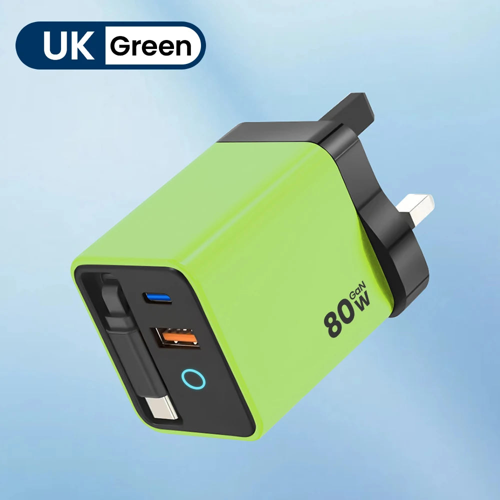 80W Super Fast Charge Type C USB Phone Charger With Telescopic USB C Cable For Iphone 16 15 Samsung Laptop With Light