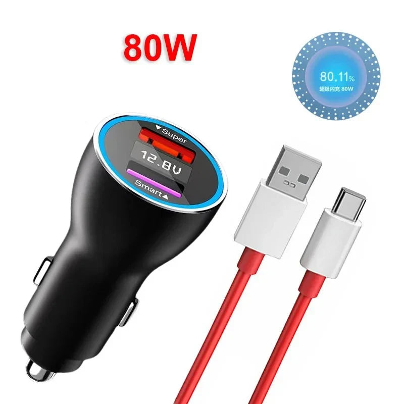 Dual 80W SUPERVOOC Car Fast Charger 8A 1M USB C Cable For On
