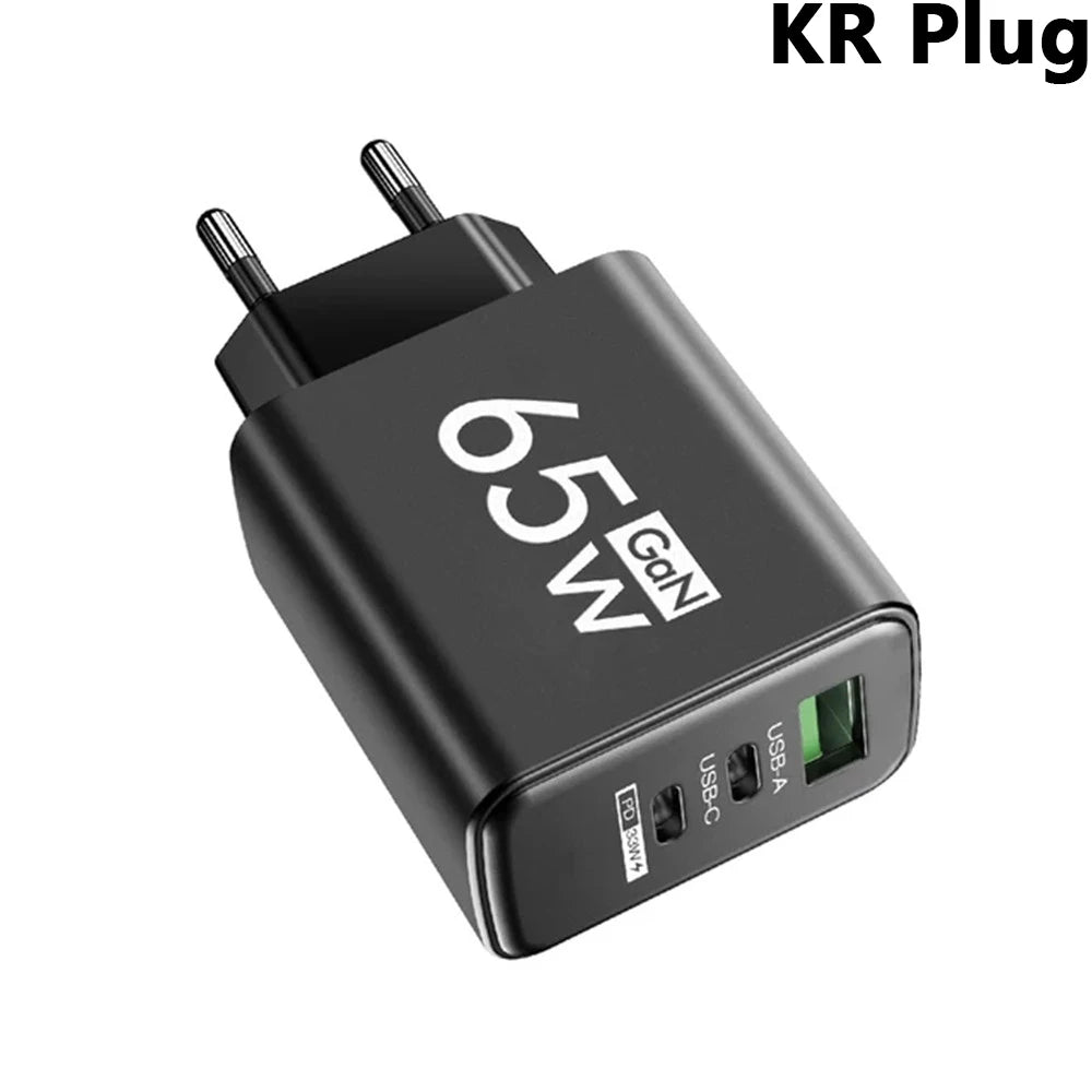 65W GaN USB C Fast Charger PD Quick Charge 3.0 Wall Adapter for iPhone Samsung Xiaomi Huawei EU US KR Plug Wall Travel Charger