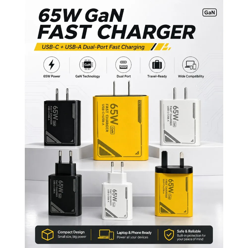 65W GAN Pattern Multi Port Travel Fast Charger Black Yellow 