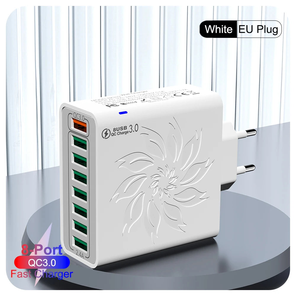 8 in 1 USB QC 5.0 Charger Fast Charging EU/US/KR Plug 65W Quick Charge Power Adapter For iPhone 15 Xiaomi Samsung Travel Charger