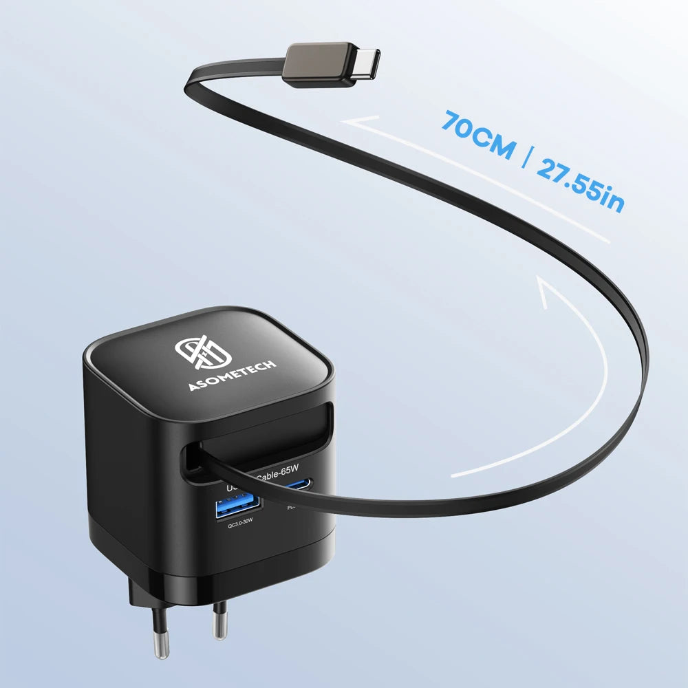 65W GaN USB Charger with Type C Retractable Cable 3 Port QC4