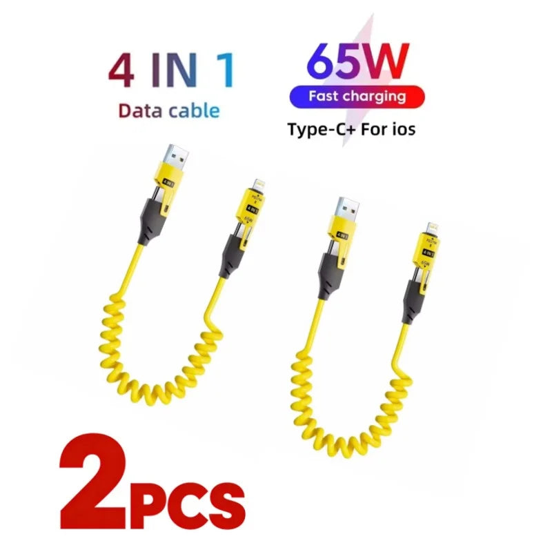 2PCS 4 in 1 65W Spring Short Data Cable 6A USB Type C Spring