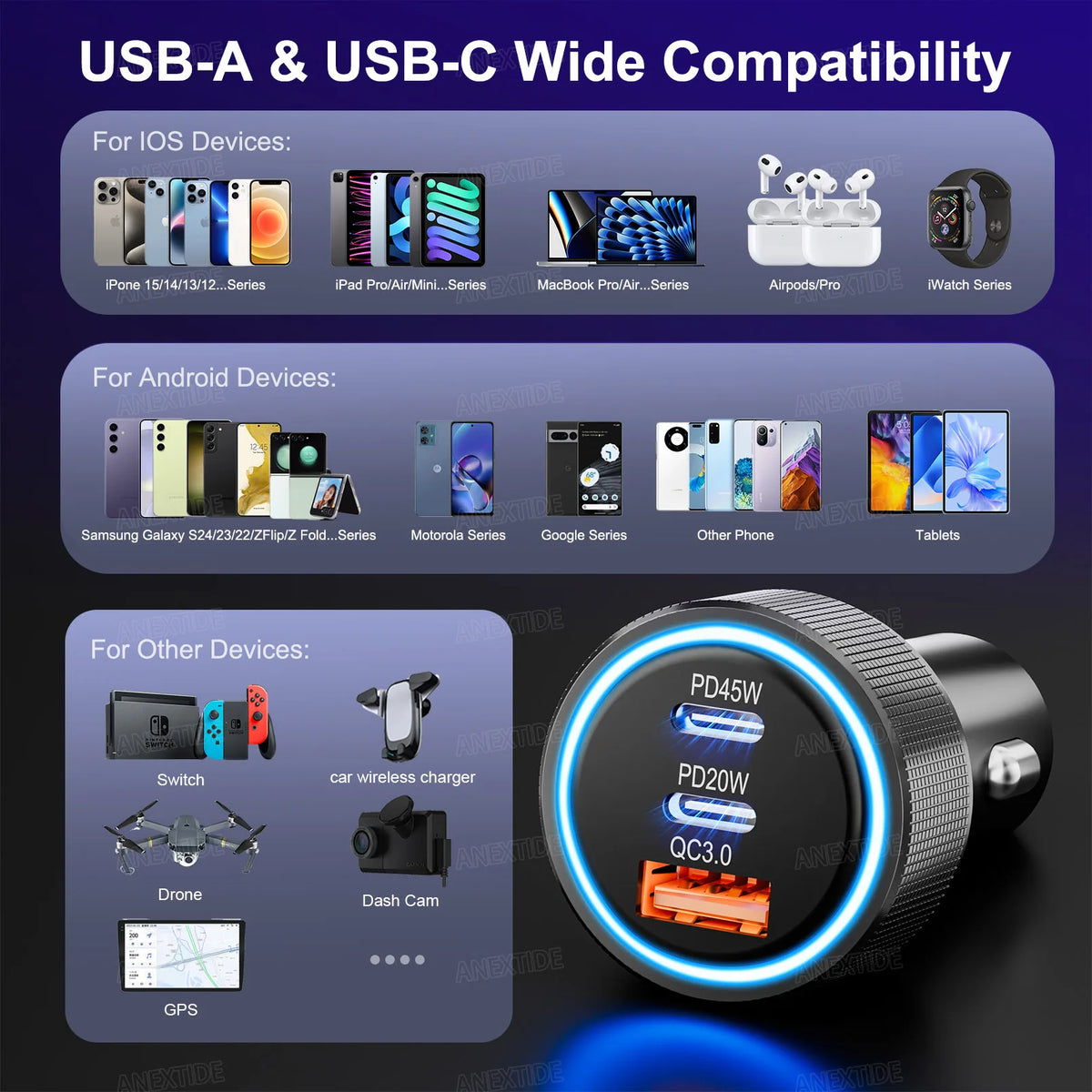 USB C Car Charger 3-Port 67W Dual USB-C & USB-A Car Power Ad