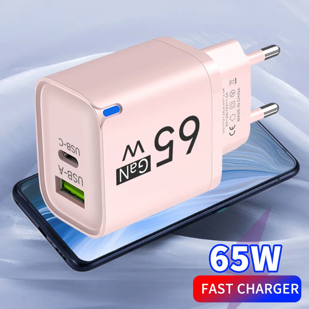 GaN 65W USB Type C Fast Charger 2 in 1 Portable Phone Wall C