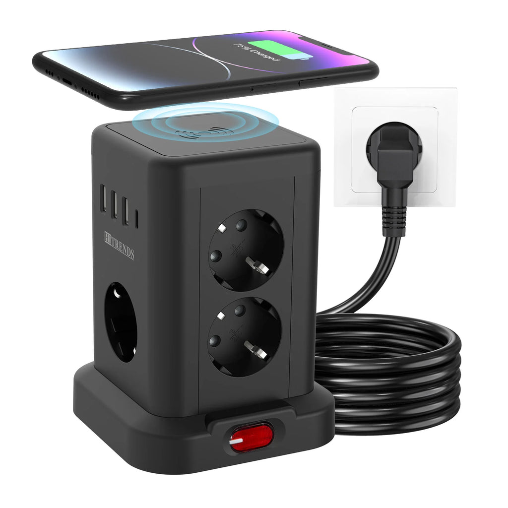 15-in-1 Smart Power Board with EU Plug Standard 3680W 7/11AC Socket 3USB-A and 1USB-C Charging Ports 2-Meter Extension Cable