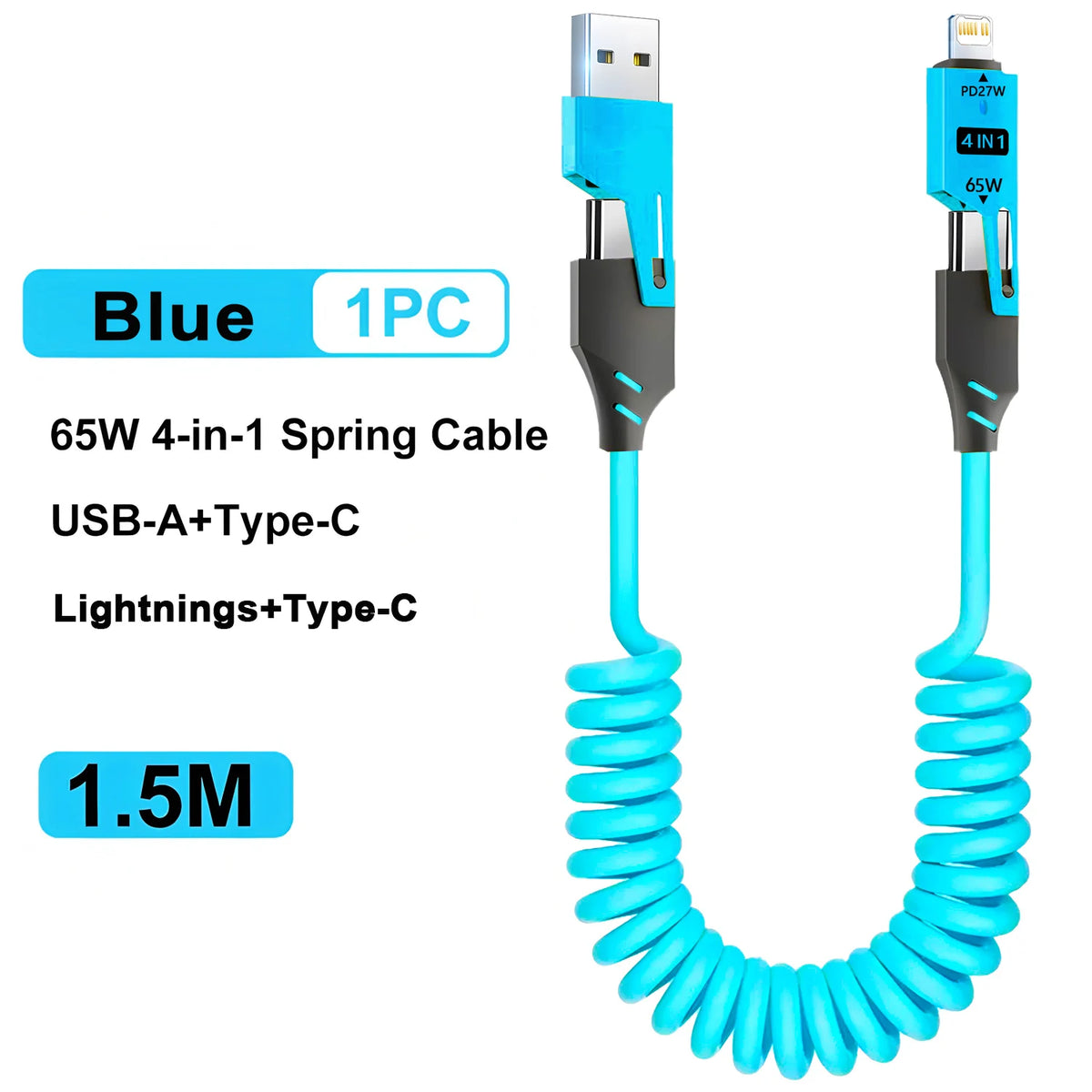 65W 4 in 1 Spring Short Data Cable 6A USB Type C Spring Tele