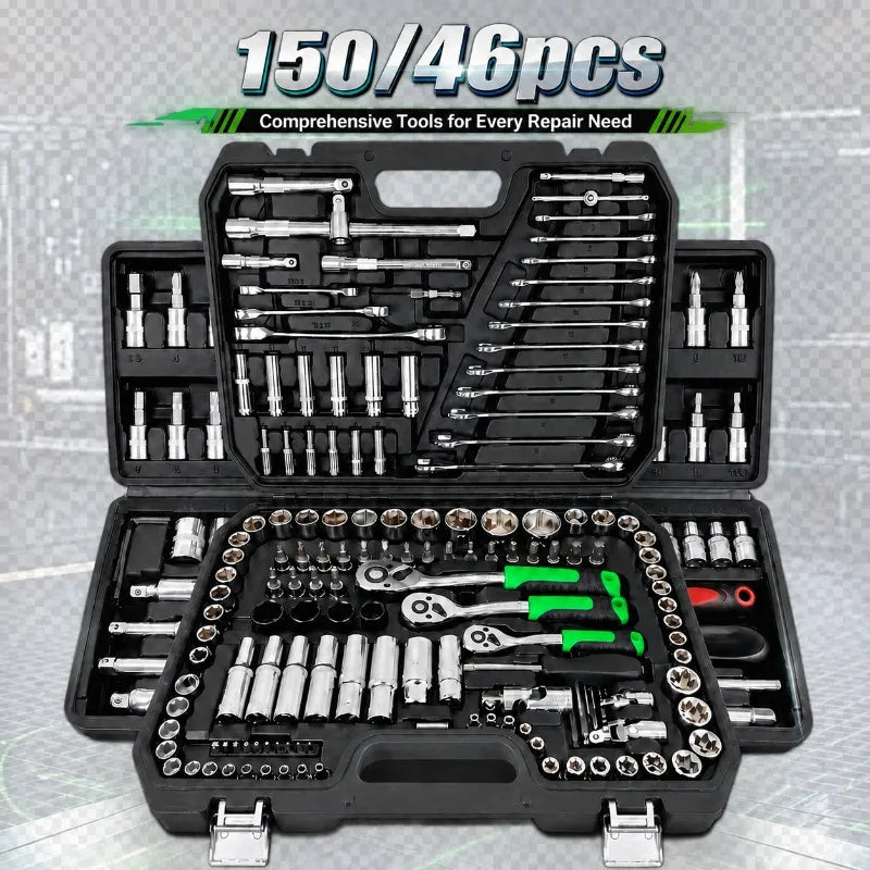 150/46Pcs Premium Heavy Duty CR-V Socket Wrench Ratchet Set 