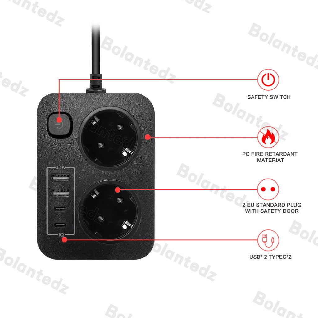 Bolantedz EU Plug 3250W 13A 250V Safety Switch European Powe