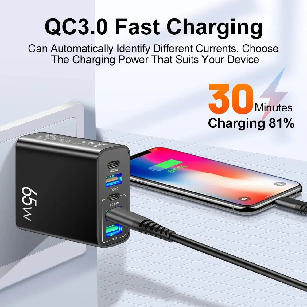 Total 65W Fast Charger PD 20W 5 Ports USB Charger QC 3.0 Pho