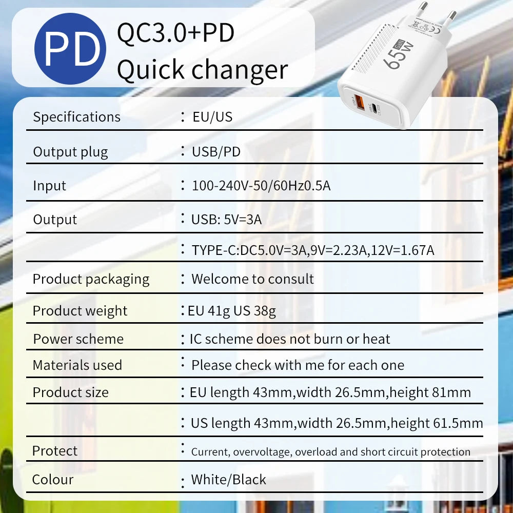 65W USB-C Charger GaN Fast Charging PD Type C Cable Mobile P