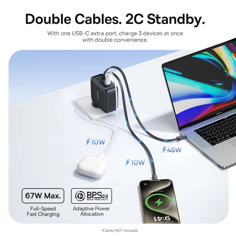 Baseus 67W GaN Charger With Dual Retractable Cable Fast Char