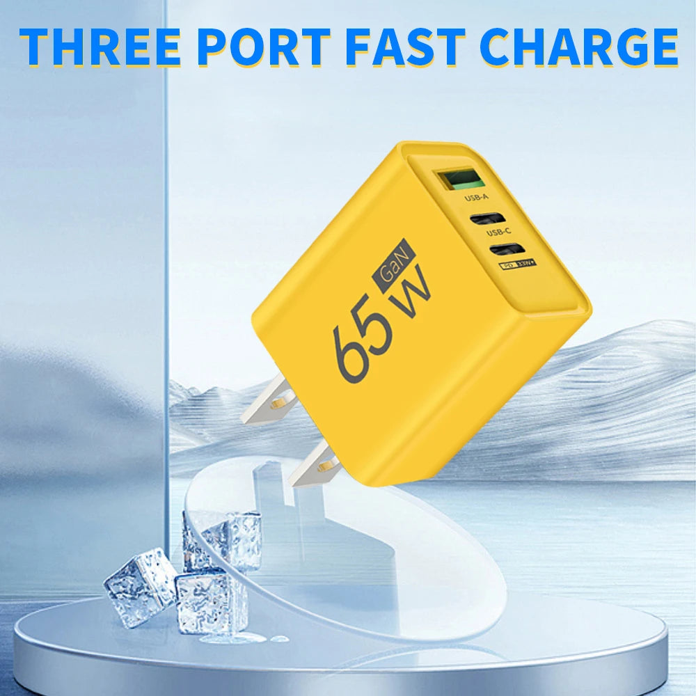 65W GaN USB Charger Type C PD 3 Ports Fast Charging Cellphon