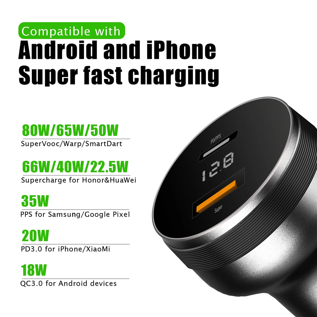 2 port Car Charger for OPPO Find X5/Reno8 80W/65W Warp car a