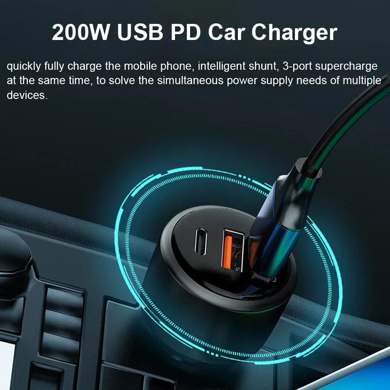 200W USB PD Car Charger 3port Super Fast Charger2.0 100W 65W