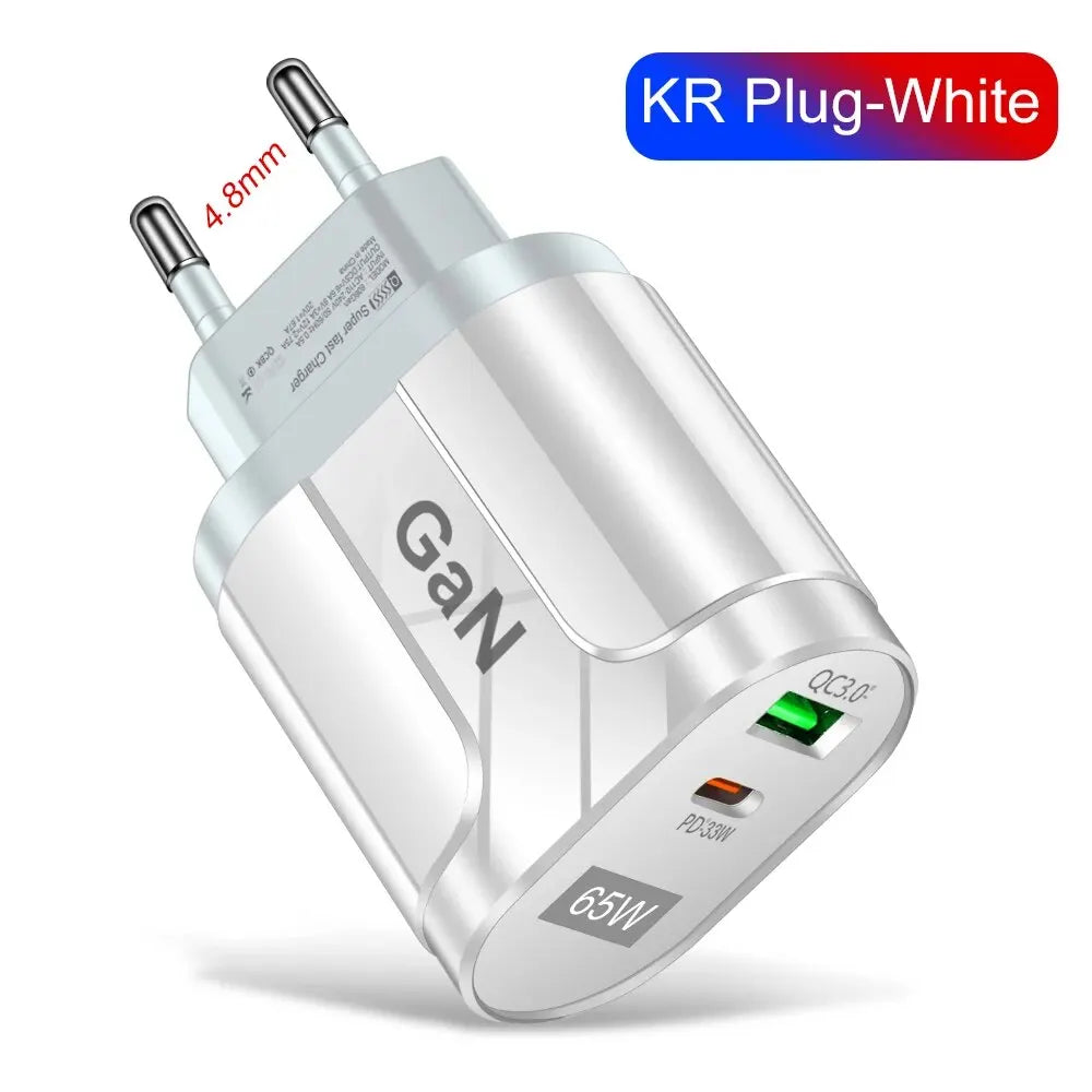 GaN 65W PD USB Type C Charger Mobile Phone Quick Charge Type C Wall Charger For iPhone Xiaomi Samsung Huawei EU/US Plug Charger