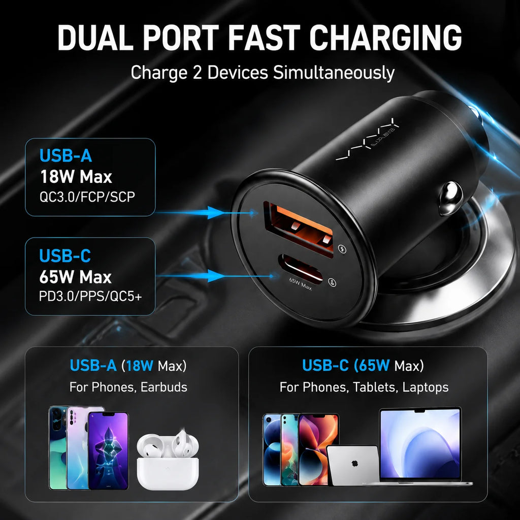 Vyvylabs 65W Car Charger Zinc Alloy Mini USB-A Type-C Fast C
