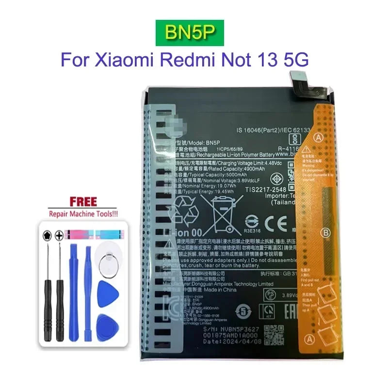BN5P BM5V BM5U Mobile Phone Backup Battery For Xiaomi Redmi Note 13 / Note 13 Pro / Note 13 Pro+ Pro Plus 5G Replacement Battery
