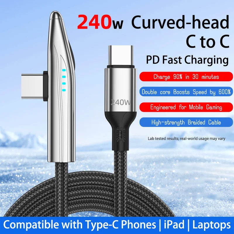 NNBILI 240W LED Display Charging Type C Cable 90 Degree Elbow 65W Type C To USBC Charger for IPhone16 15 Pro MacBook iPad Huawei