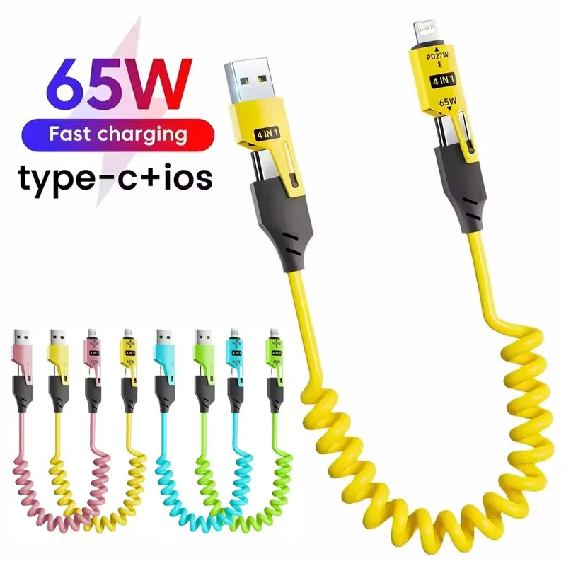 65W Quick Charger Spring USB Cable 4 in 1 Spring Data Cable 