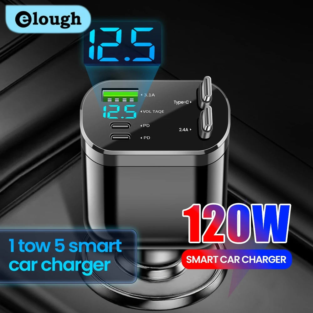 Elough Retractable Car Charger 5 in 1 Fast Charging Car Char