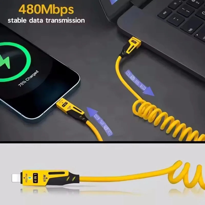 4 in 1 65W Spring Short Data Cable 6A USB Type C Spring Tele