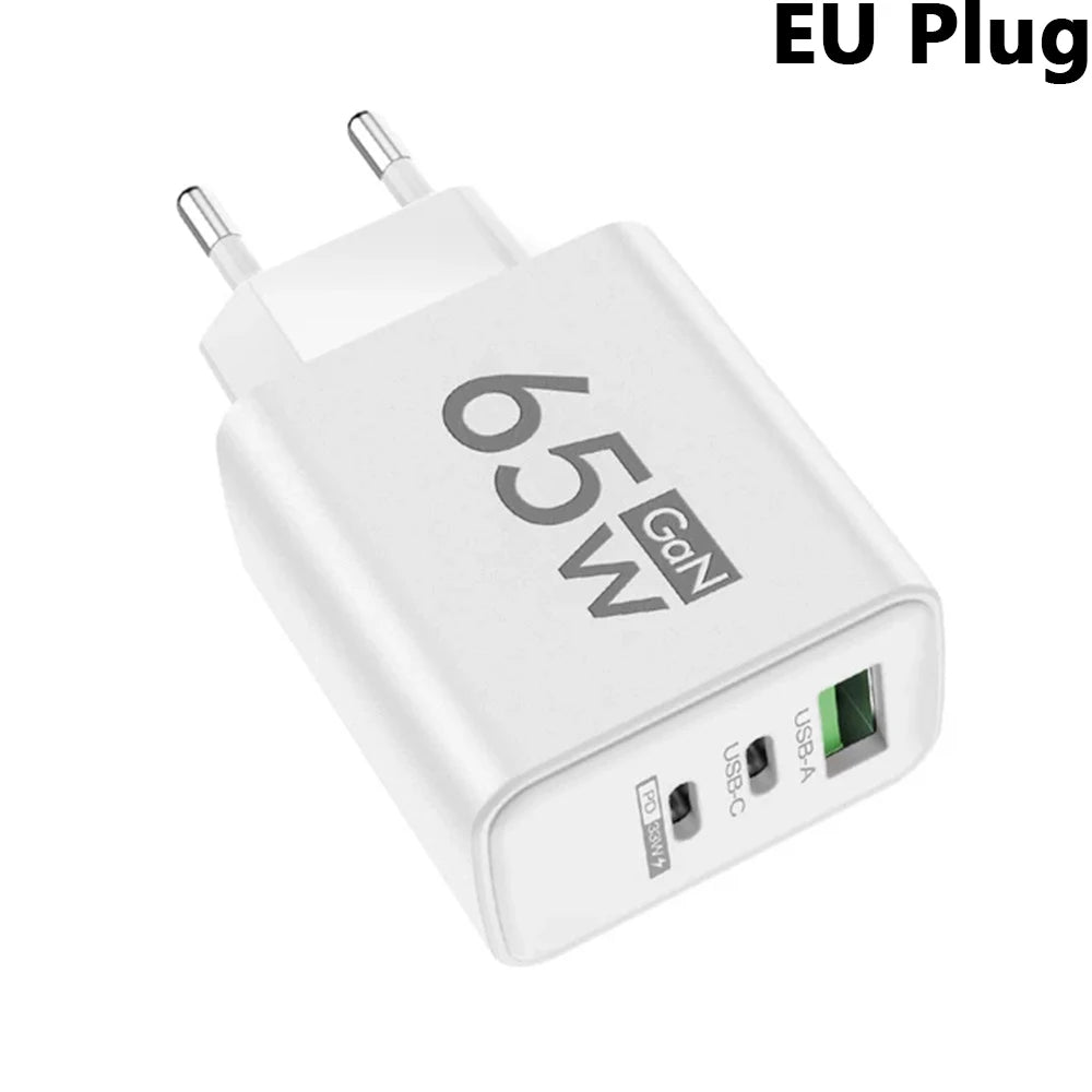 65W GaN USB C PD Fast Charger QC 3.0 Wall Adapter for iPhone 17 16 Pro Max Samsung Xiaomi Huawei EU US KR Plug Quick Charge 3.0