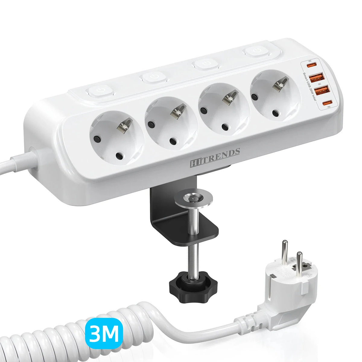 EU Plug Multi-Function Power Board 2 USB and 2 Type-C Ports 2 M Spring Extension Cable 4 Switches with Desktop Mounting Bracket