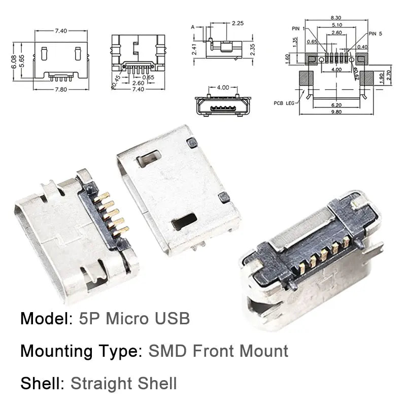 10PCS Micro USB Android Female Charging Socket Flat Edge Crimped Type 5Pin 4 Mounting Pins SMD & DIP Tail Connector