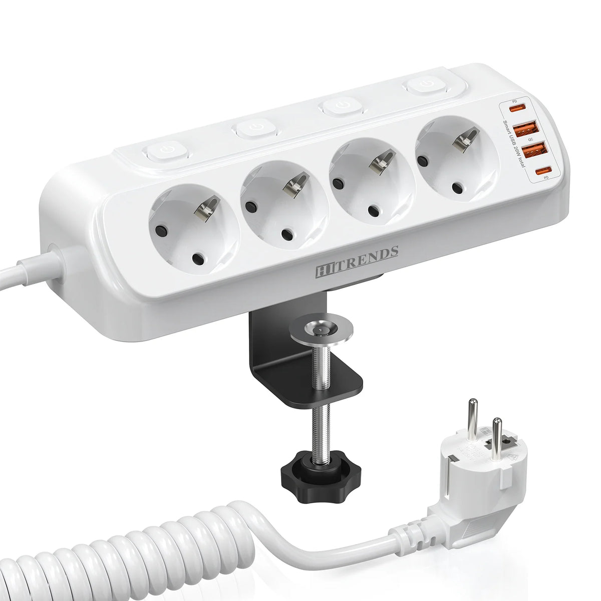 EU Plug Multi-Function Power Board 2 USB and 2 Type-C Ports 2 M Spring Extension Cable 4 Switches with Desktop Mounting Bracket
