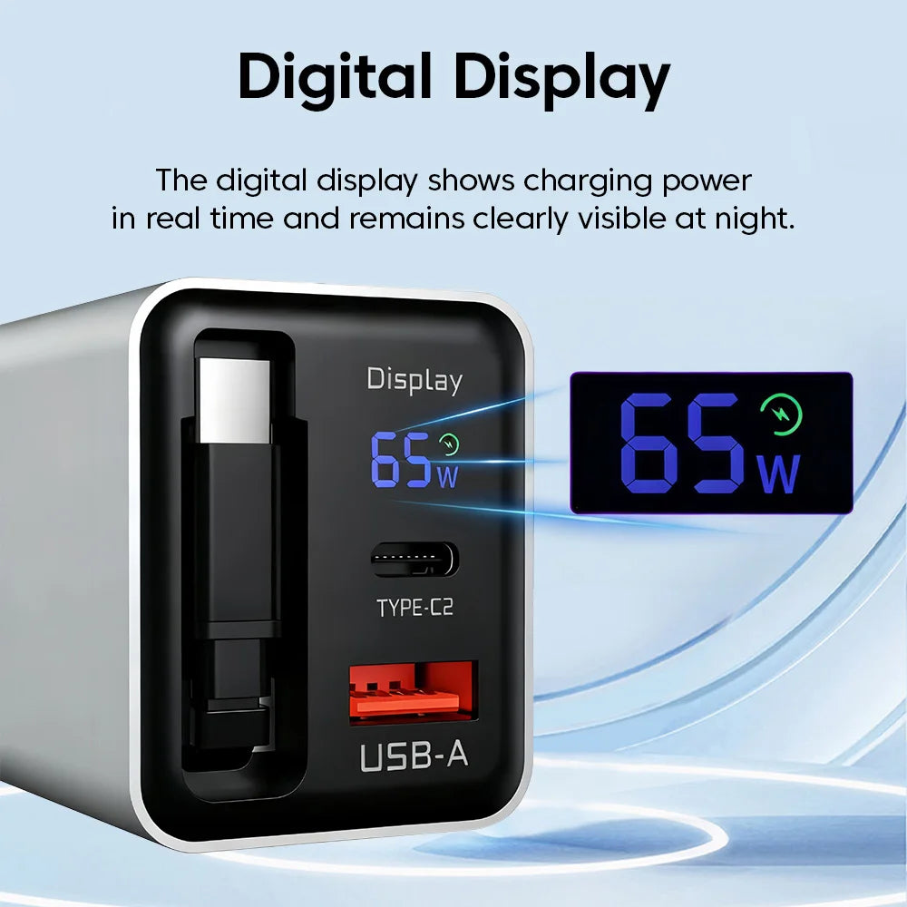 65W GaN USB Phone Charger With Retractable Type C Cable Supe