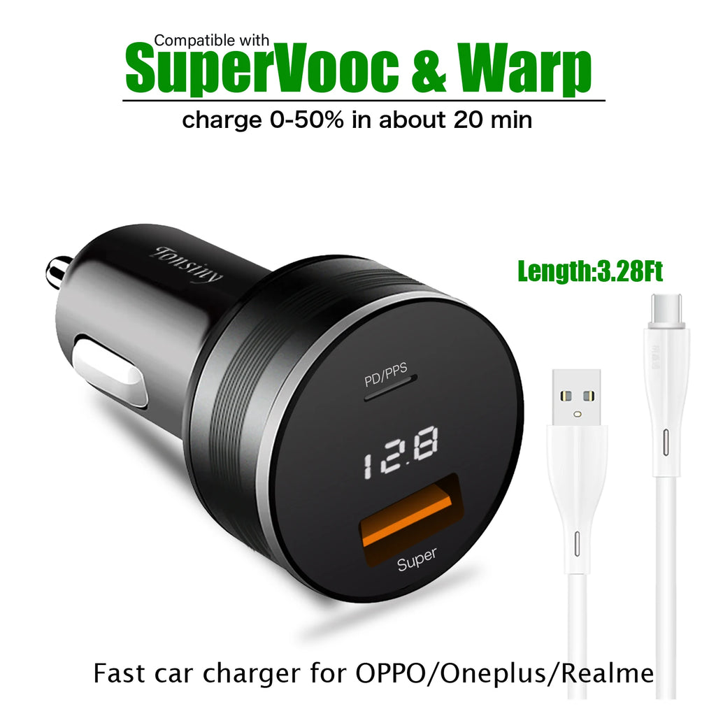 2 port Car Charger for OPPO Find X5/Reno8 80W/65W Warp car adapter for OnePlus11 LED Cigarette Lighter Adapter for Realme