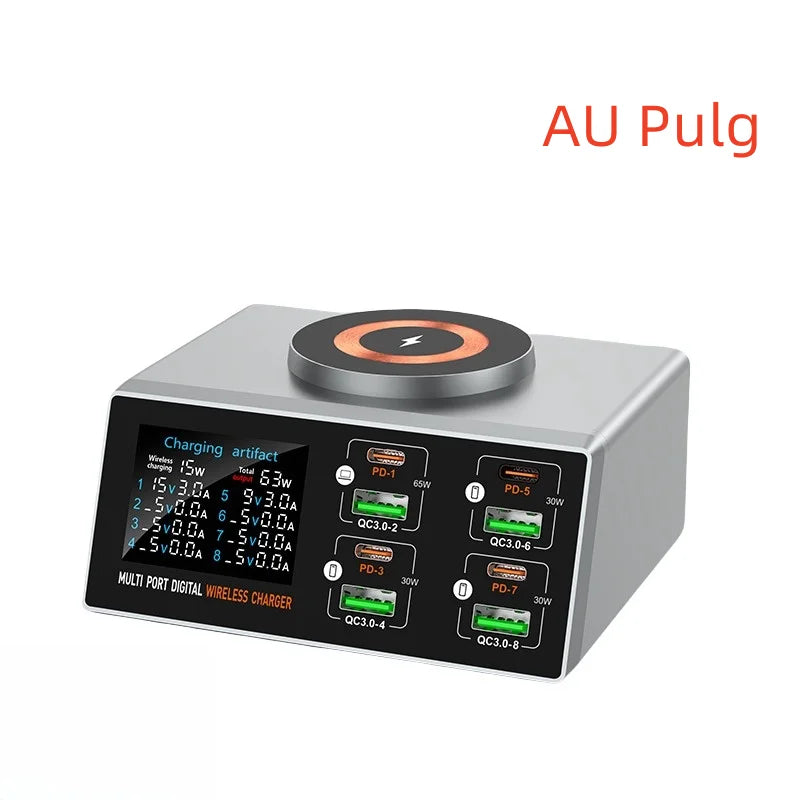 140W Multi-Port Charger with Digital Display PD+QC and Desktop Magnetic Wireless Charging for Phones and Laptops
