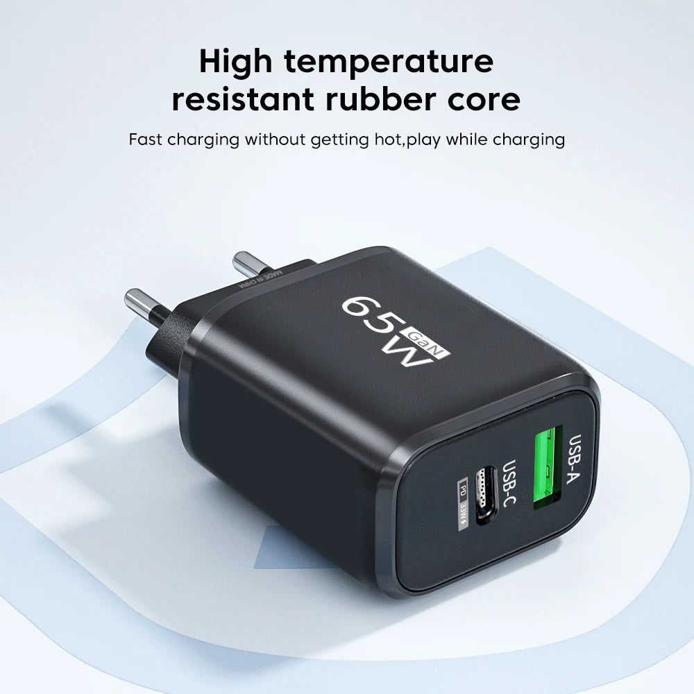 PD 65W GaN USB C Charger Dual Ports USB Type C Charger QC3.0