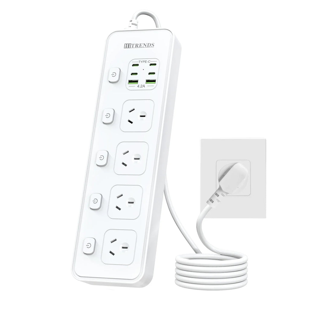 Australian Plug Multi-Functional Power Board 4 Power Sockets 2 USB-A and 4 Type-C Ports 100-250V Independent Switch 2m Cable