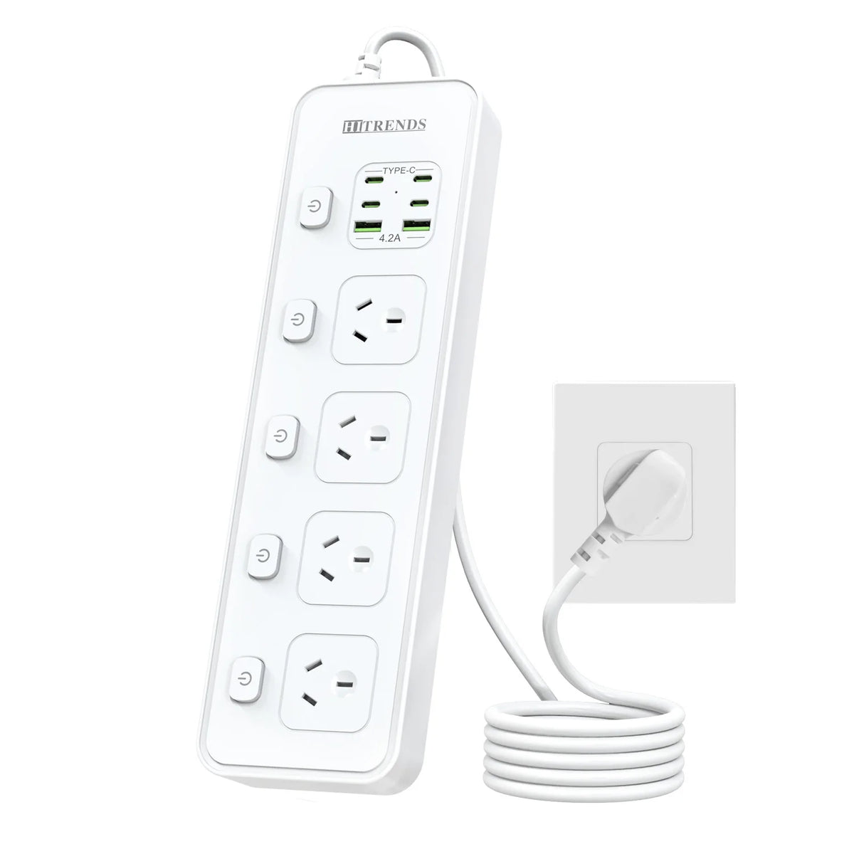 Australian Plug Multi-Functional Power Board 4 Power Sockets 2 USB-A and 4 Type-C Ports 100-250V Independent Switch 2m Cable