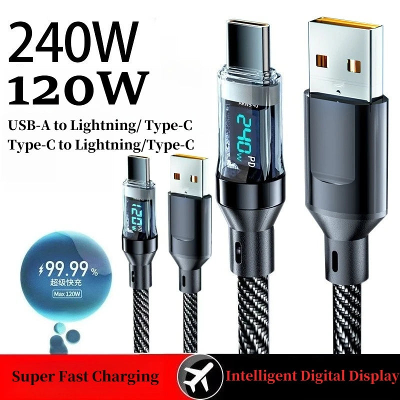 240W 120W LCD Power Display USB A to Lightning Cable Fast Ch