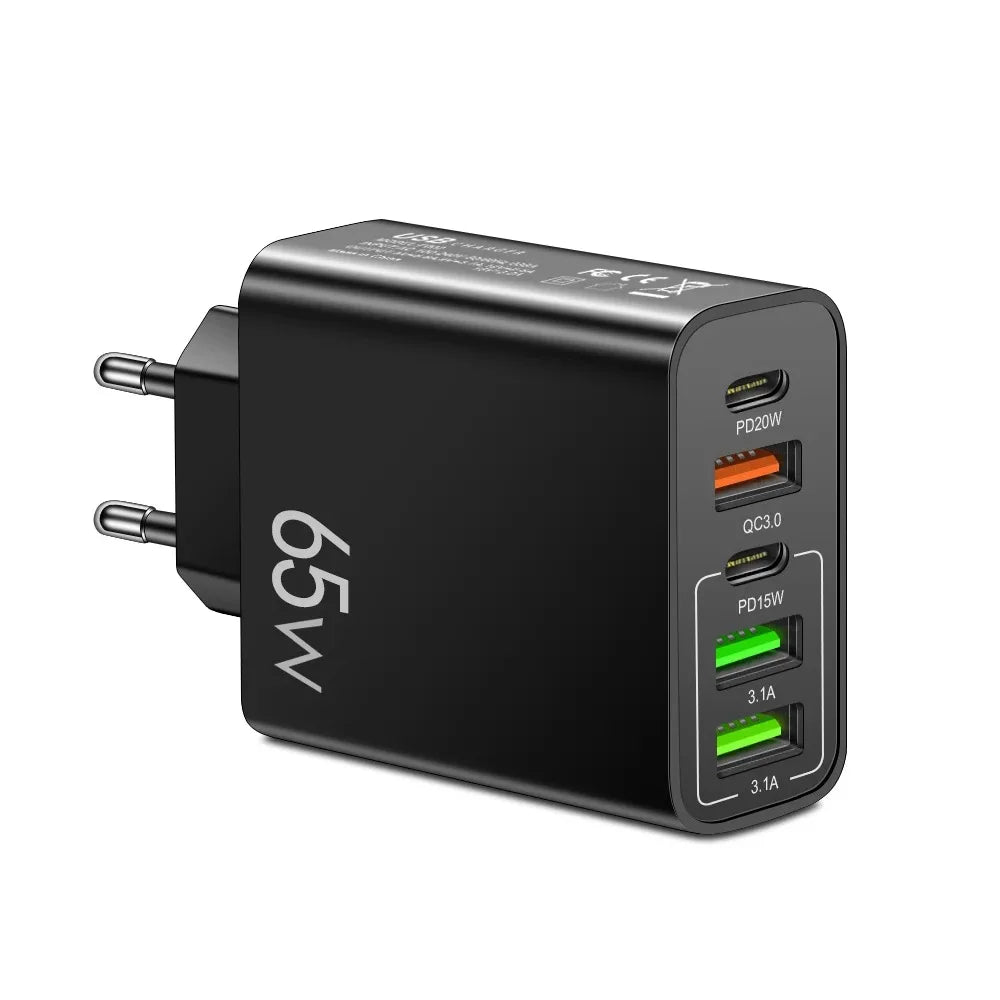 USB Type C Charger Total 65W PD Fast Charging Phone Charger Wall Adapter For iPhone 15 Samsung Xiaomi 5 Ports USB Quick Charger