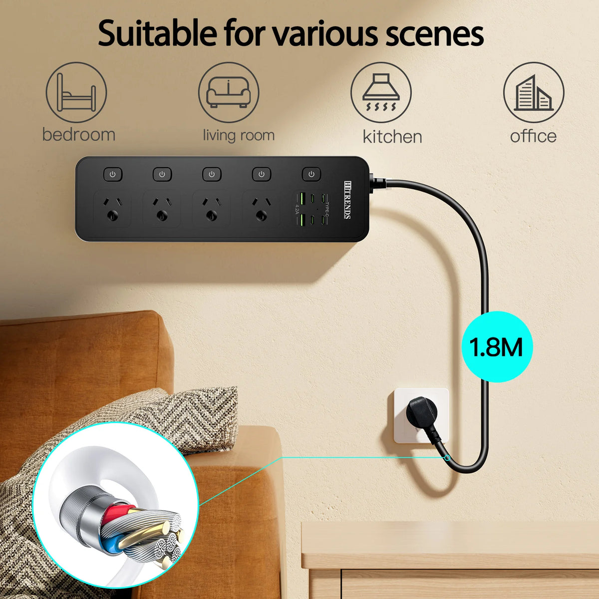 Australian Plug Multi-Functional Power Board 4 Power Sockets
