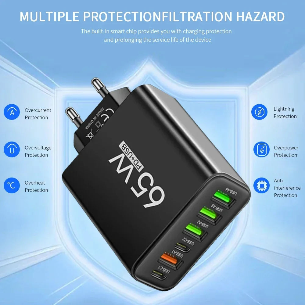6 Ports 65W USB PD Charger Fast Charging Type C Phone Charge