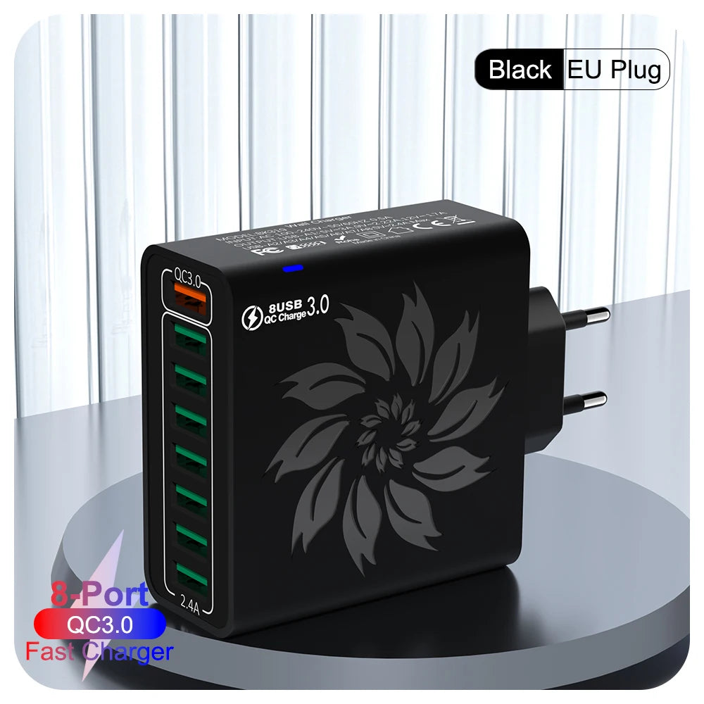 8 Ports USB Charger QC 5.0 Fast Charging EU US KR Plug 65W Fast Charger Power Adapter For iPhone 15 Xiaomi Samsung Wall Charger